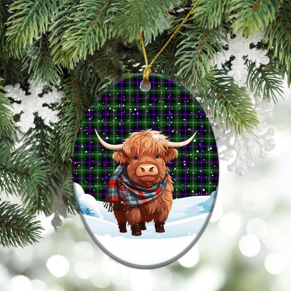 Sutherland Modern Tartan Christmas Ceramic Ornament - Highland Cows Snow Style For Sale - Image 3
