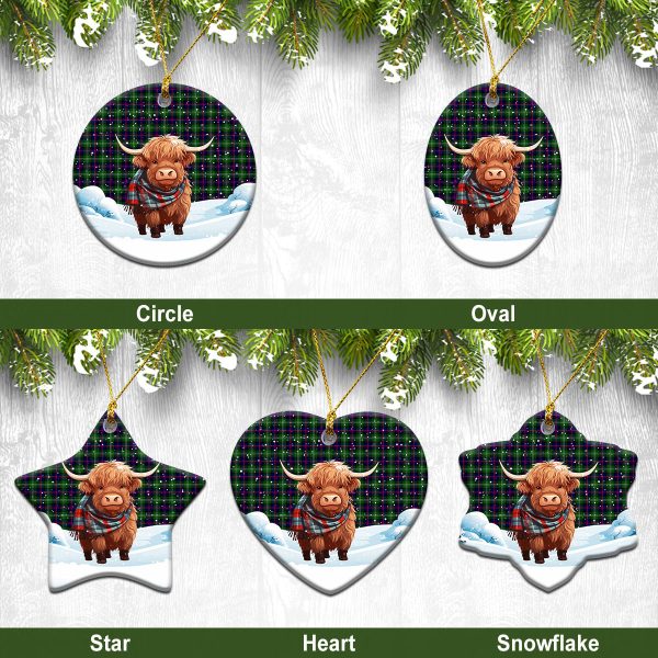 Sutherland Modern Tartan Christmas Ceramic Ornament - Highland Cows Snow Style For Sale