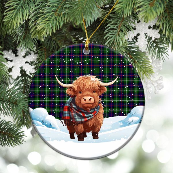 Sutherland Modern Tartan Christmas Ceramic Ornament - Highland Cows Snow Style For Sale - Image 2